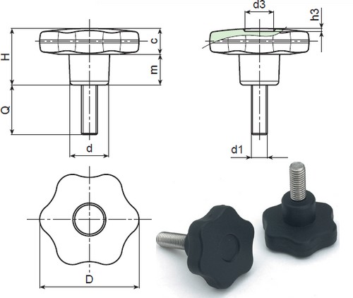 6-lobe handwheel with stainless steel threaded stud